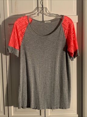 12 Pm By Mon Ami Gray Tee with Coral Lace Raglan Sleeves